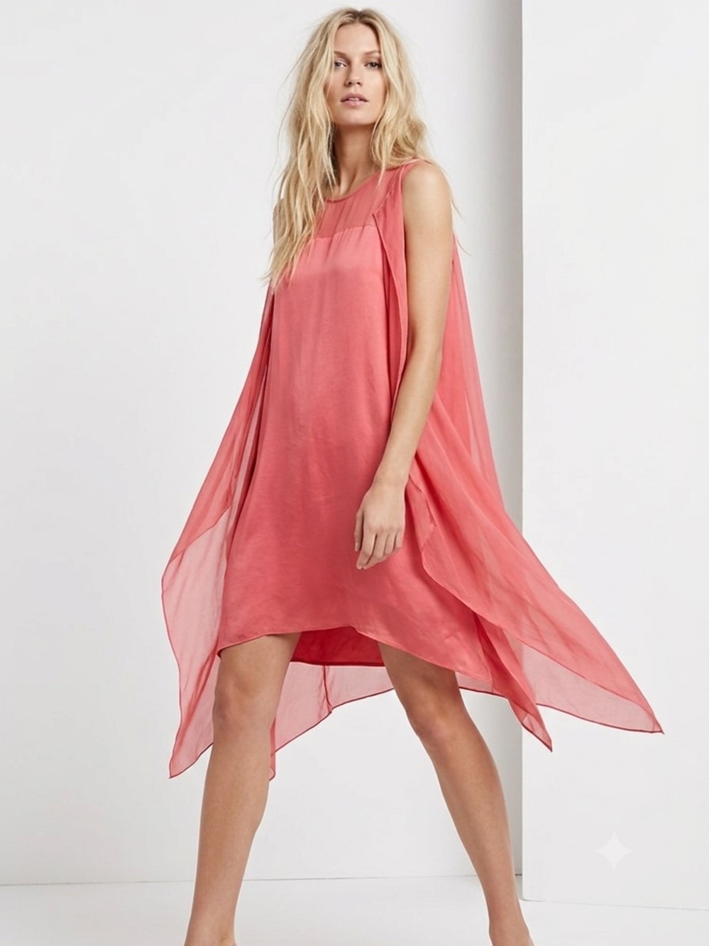 BCBGMAXAZRIA 100% Silk Corissa Layered L Sheer Flowy Coral Dress Fairy Midi Crew